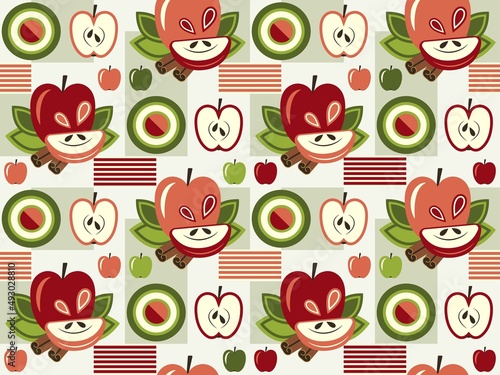 Seamless staggered background with apples and geometric shapes. Simple minimal style. Good for branding, decoration of food package, cover design, decorative home kitchen prints