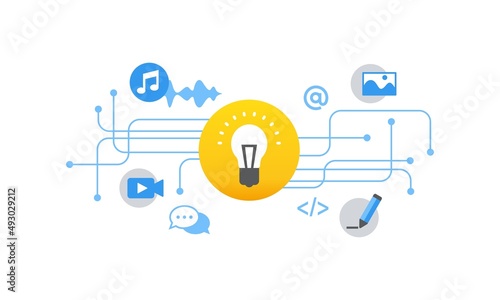 Content Digital viral marketing . Blog Posts Creation Process. Music, video, images, data web. Concept with connected icons related to multimedia writing, social media management, vector illustration