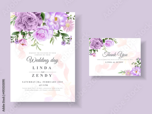 Beautiful purple flowers wedding invitation card template