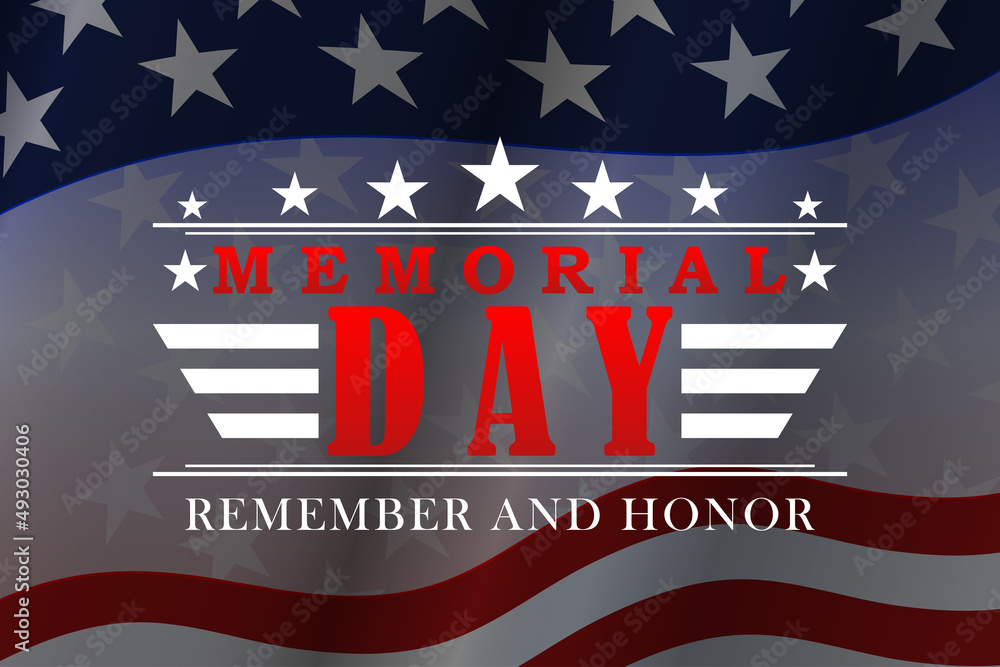 Naklejka premium Memorial Day red lettering with white stars and stripes. Background for celebration USA national holiday - Memorial Day. Template for invitation, greeting card design. Vector illustration.