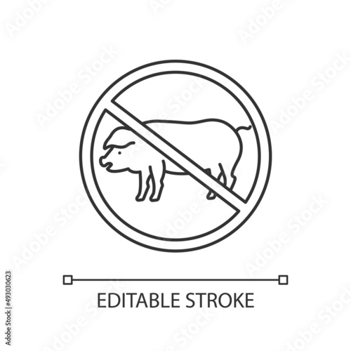 Abstain from meat consumption linear icon. Avoid overconsumption. Reject animal products. Thin line illustration. Contour symbol. Vector outline drawing. Editable stroke. Arial font used