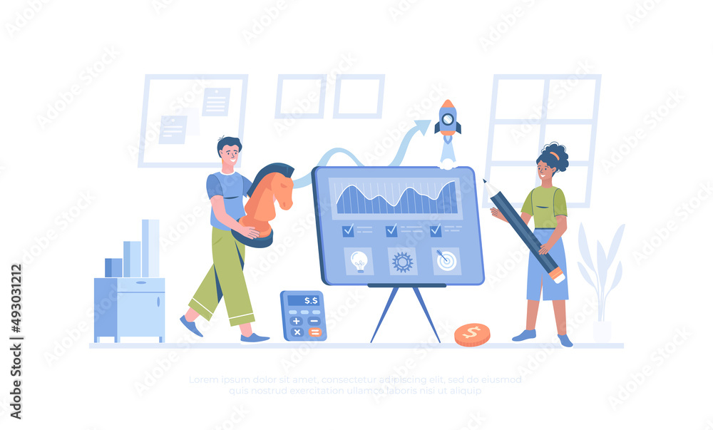 Business strategy and planning. Startup, goal, success, investment, money making. Cartoon modern flat vector illustration for banner, website design, landing page.