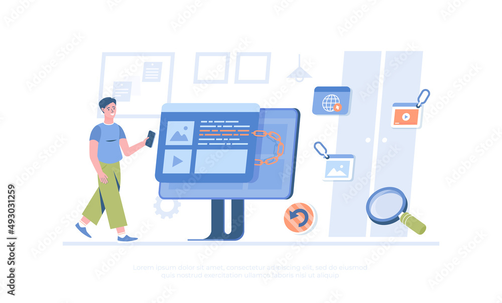 Backlink, Link building, Search engine optimization. Active link to content source, hyperlink connection. Cartoon modern flat vector illustration for banner, website design, landing page.