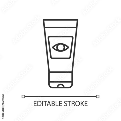 Eye cream black glyph icon. Skin care and beauty product. Anti wrinkles and puffiness product. Thin line illustration. Contour symbol. Vector outline drawing. Editable stroke. Arial font used