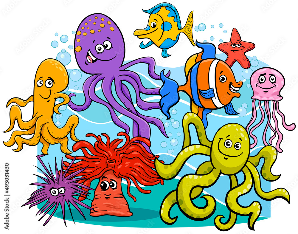 cartoon sea life marine animal characters group