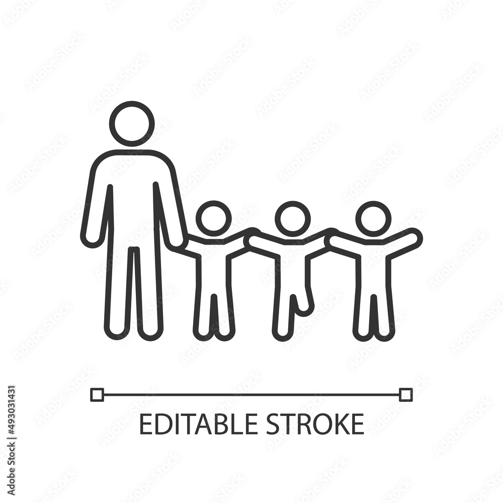 Inclusive education teacher linear icon. Teach kid with disability. Common environment. Thin line illustration. Contour symbol. Vector outline drawing. Editable stroke. Arial font used