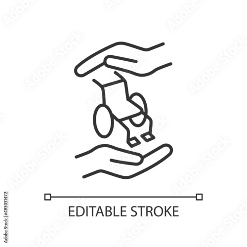 Support people with disabilities linear icon. Equal opportunities for special needs children. Thin line illustration. Contour symbol. Vector outline drawing. Editable stroke. Arial font used