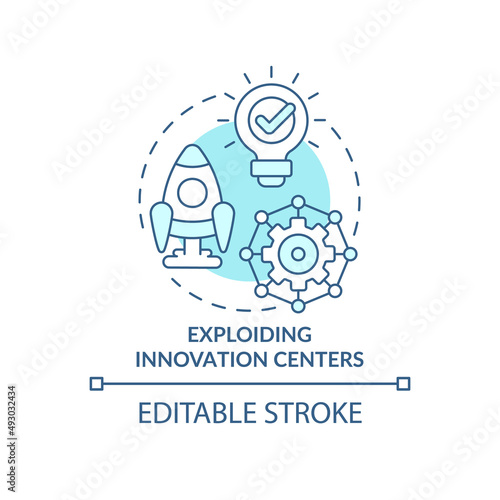 Exploding innovation centers turquoise concept icon. Trends in enterprise abstract idea thin line illustration. Isolated outline drawing. Editable stroke. Arial, Myriad Pro-Bold fonts used