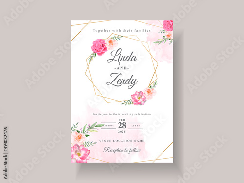 Beautiful pink flowers wedding invitation card template