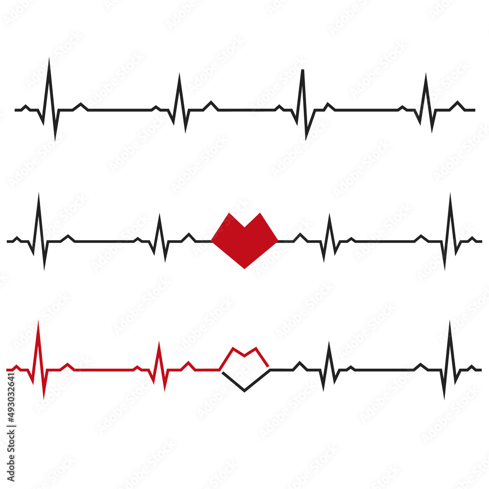 Set of black heartbeats isolated on white background. Electro-cardiogram, pulse of heart Design element for medicine, healthcare. Vector illustration. EPS10.