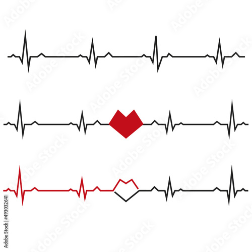 Set of black heartbeats isolated on white background. Electro-cardiogram, pulse of heart Design element for medicine, healthcare. Vector illustration. EPS10.