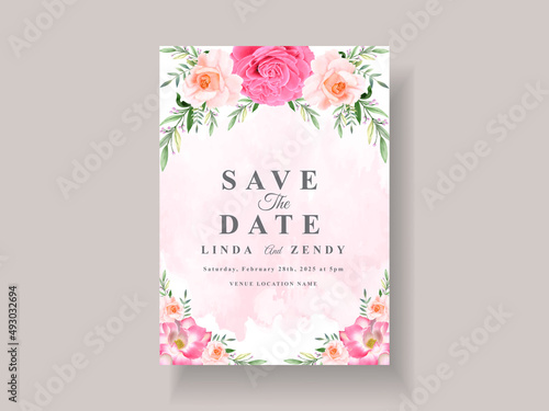 Beautiful pink flowers wedding invitation card template © agnetart