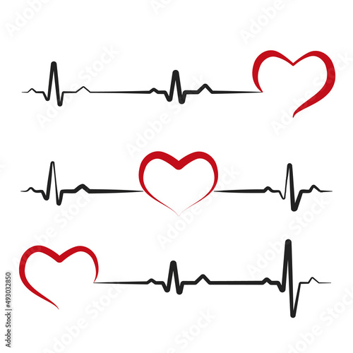 Black heartbeat with red heart isolated on white background. Electro-cardiogram, pulse of heart. Love icon, logo. Design element for medicine, Valentine's day. Vector illustration. EPS10.