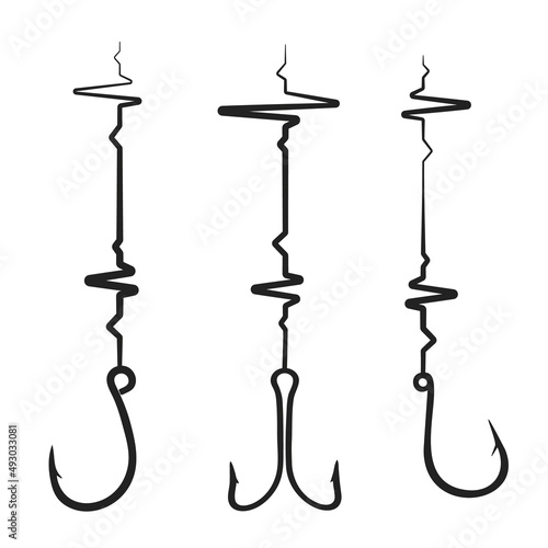 Black fishing hooks on fishing line shaped like heartbeat isolated on white background. Design element for fishing. Vector illustration. EPS10.