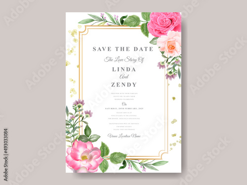 Beautiful pink flowers wedding invitation card template