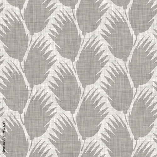 French grey botanical leaf linen seamless pattern with 2 tone country cottage style motif. Simple vintage rustic fabric textile effect. Primitive modern shabby chic kitchen cloth design.