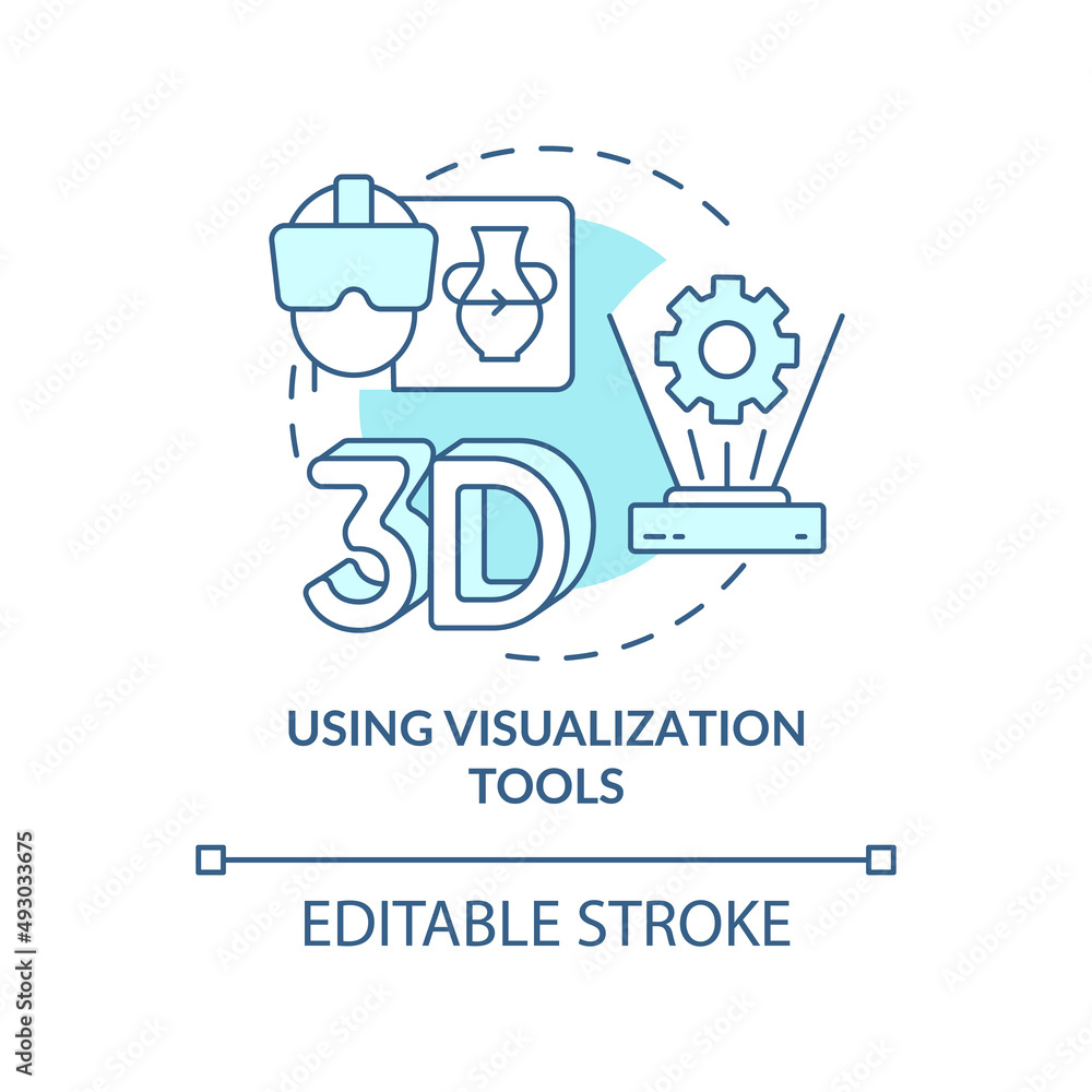 Using visualization tools turquoise concept icon. Virtual reality. Tech macro trends abstract idea thin line illustration. Isolated outline drawing. Editable stroke. Arial, Myriad Pro-Bold fonts used