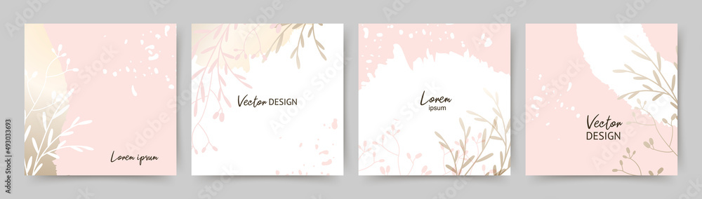 Spring gold pink square backgrounds. Minimal style with floral elements and texture. Editable vector template for card, banner, invitation, social media post, poster, mobile apps, web ads Spring gold pink square backgrounds. Minimal style with floral elements and texture. Editable vector template for card, banner, invitation, social media post, poster, mobile apps, web ads