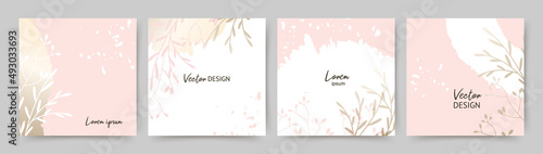 Spring gold pink square backgrounds. Minimal style with floral elements and texture. Editable vector template for card, banner,  invitation, social media post, poster, mobile apps, web ads