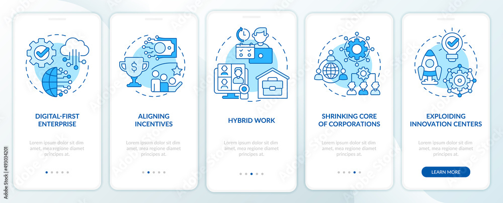 Trends in enterprise blue onboarding mobile app screen. Business walkthrough 5 steps graphic instructions pages with linear concepts. UI, UX, GUI template. Myriad Pro-Bold, Regular fonts used