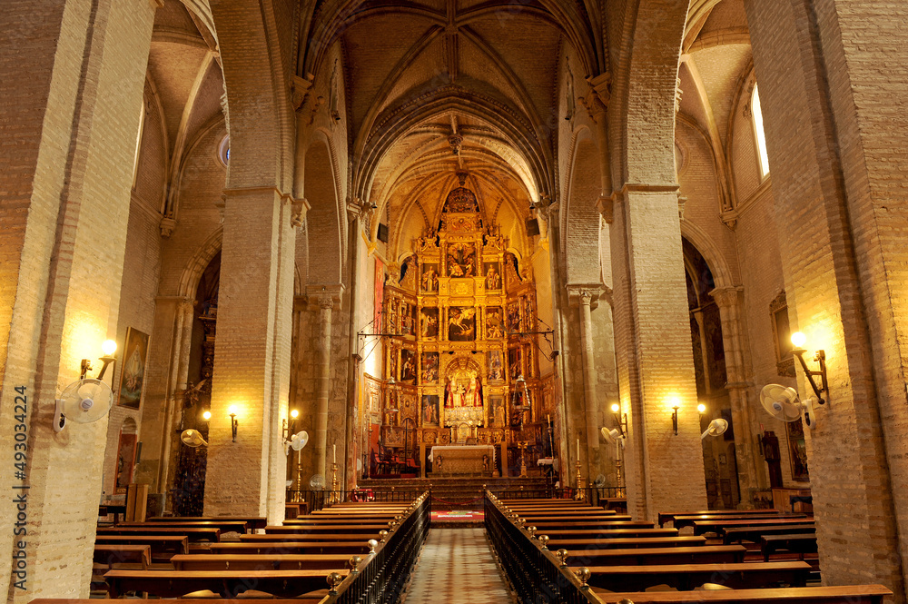 Interior of the gothic-mudejar church of Santa Ana in the Triana neighborhood, Seville, Andalusia, Spain. This church is known as the Triana Cathedral.
