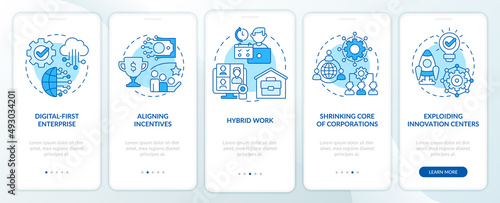Trends in enterprise blue onboarding mobile app screen. Business walkthrough 5 steps graphic instructions pages with linear concepts. UI, UX, GUI template. Myriad Pro-Bold, Regular fonts used