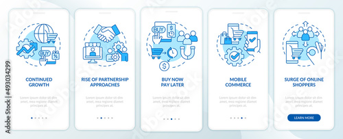 Retail strategy trends blue onboarding mobile app screen. Trade tendency walkthrough 5 steps graphic instructions pages with linear concepts. UI, UX, GUI template. Myriad Pro-Bold, Regular fonts used