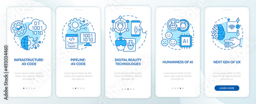Tech macro trends blue onboarding mobile app screen. Digital systems walkthrough 5 steps graphic instructions pages with linear concepts. UI, UX, GUI template. Myriad Pro-Bold, Regular fonts used