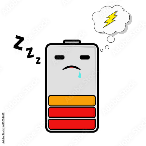 Vector illustration of a cute sleeping battery dreaming on a charger. 