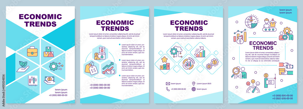 Economic trends blue brochure template. Business processes. Leaflet design with linear icons. 4 vector layouts for presentation, annual reports. Arial-Black, Myriad Pro-Regular fonts used Economic trends blue brochure template. Business processes. Leaflet design with linear icons. 4 vector layouts for presentation, annual reports. Arial-Black, Myriad Pro-Regular fonts used
