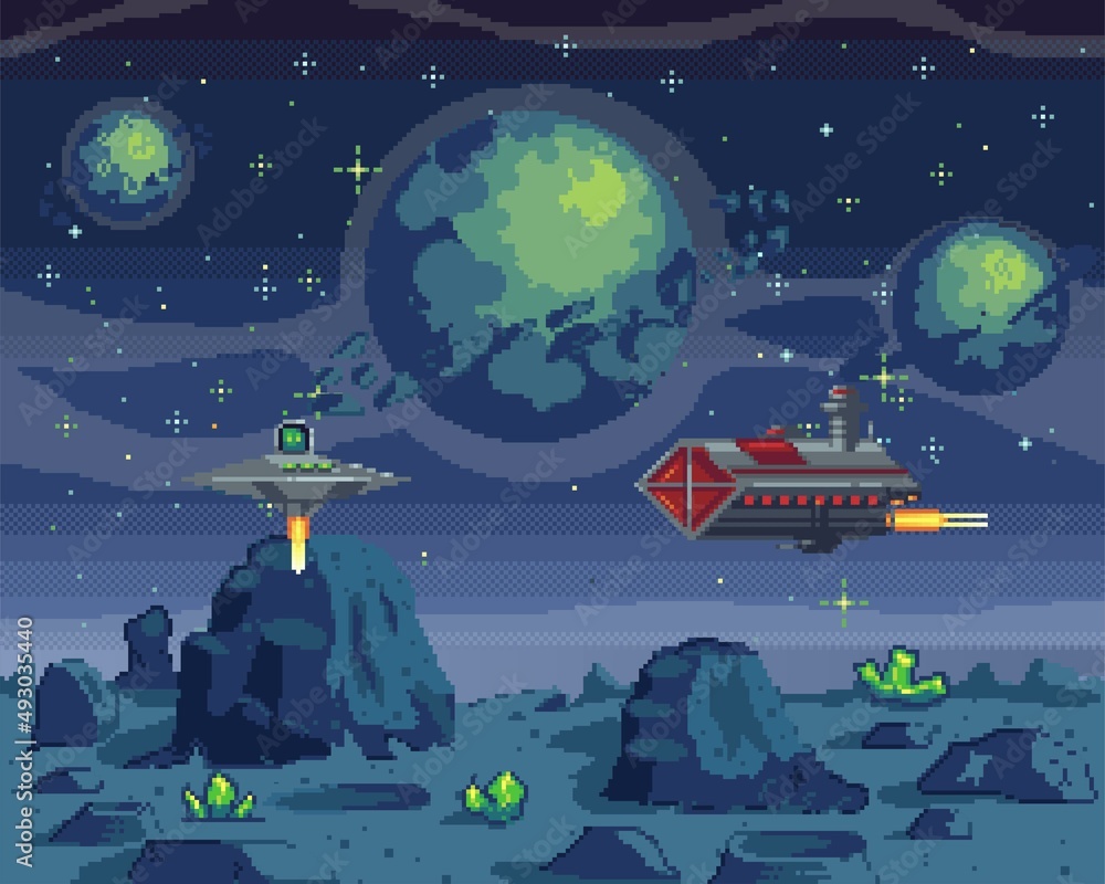 Pixel art cosmic area, game location. Game with celestial characters on  aircrafts. Main heroes fly on spaceships during war in space. Pixel program  about space interface. Pixelated design vector Векторный объект Stock |