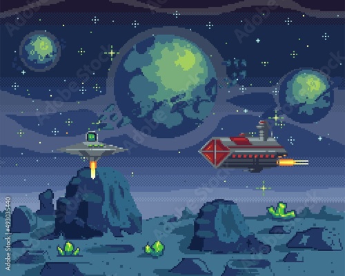 Fototapeta Naklejka Na Ścianę i Meble -  Pixel art cosmic area, game location. Game with celestial characters on aircrafts. Main heroes fly on spaceships during war in space. Pixel program about space interface. Pixelated design vector