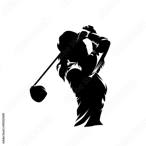 Golf, female golfer logo, isolated vector silhouette, ink drawing. Golf swing. Young active woman
