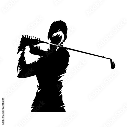 Golf, female golfer logo, isolated vector silhouette, ink drawing. Golf swing. Young active woman