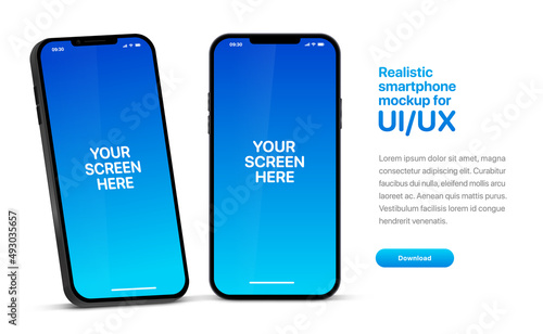 3d high quality vector smartphone mockups. Ultra realistic mobile device UI UX mockup for presentation template. 3d isometric phone with different angles views. Cellphone frame with  fillable field.