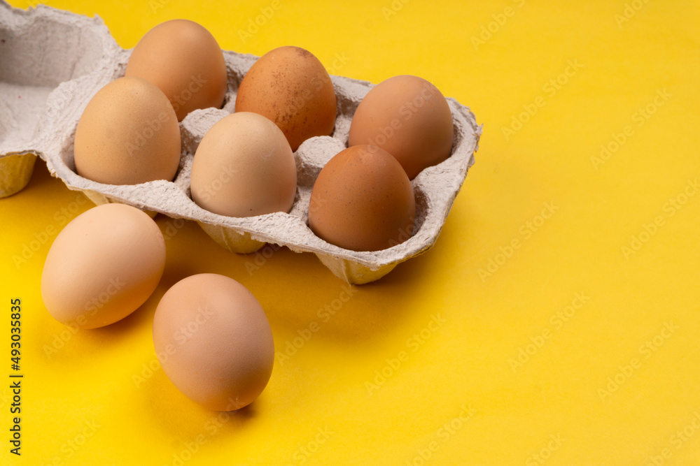 Organic chicken eggs on the table. Eggs are good for everyone and health. Farm products, natural eggs.
