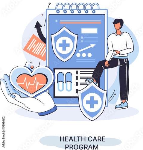 Health care program metaphor, online medical services, protection medicine. Medical insurance, hospital services, preventive check up, sick leave certificate treatment diagnosis patients, telemedicine
