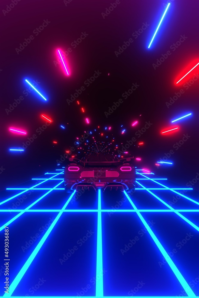 3D Rendering. 80s retro futuristic sci-fi seamless loop with vintage ...