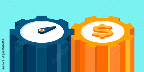 Stopwatch and dollar with gears, time is money, 3d flat style investment mechanism, vector design objects for you projects