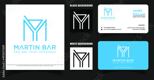 Letter M With Wine Glass Logo, Business Card Template, Inntial M and Y Monogram Vector Bar Logo Inspiration