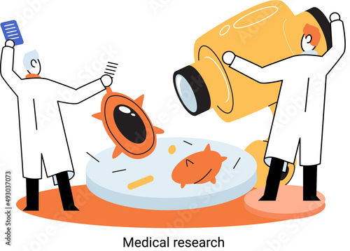 Medical research metaphor. Laboratory diagnostic services, Scientists work equipment and microscope. Virologists chemistry clinic laboratories, microbiology pharmaceutical research. Vaccine discovery