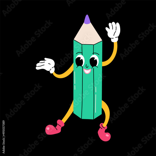 Retro 30s cartoon and comics character face. Traditional vintage dancing pencil illustration on black background