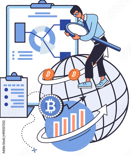 Cryptocurrency miner or trader, stock exchange player, bitcoin investor analyzes sales with charts. People and money, financial success, currency trade concept. Blockchain transaction technology