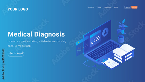 Isometric Landing Page Template for Doctor Analyzes Patient Data