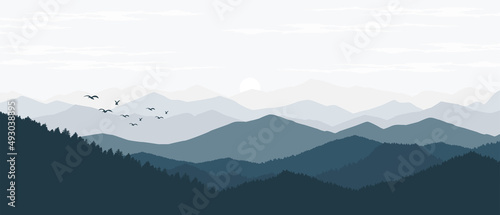 Fototapeta Naklejka Na Ścianę i Meble -  vector illustration of mountain landscape with fog and forest sunrise and sunset in the mountains