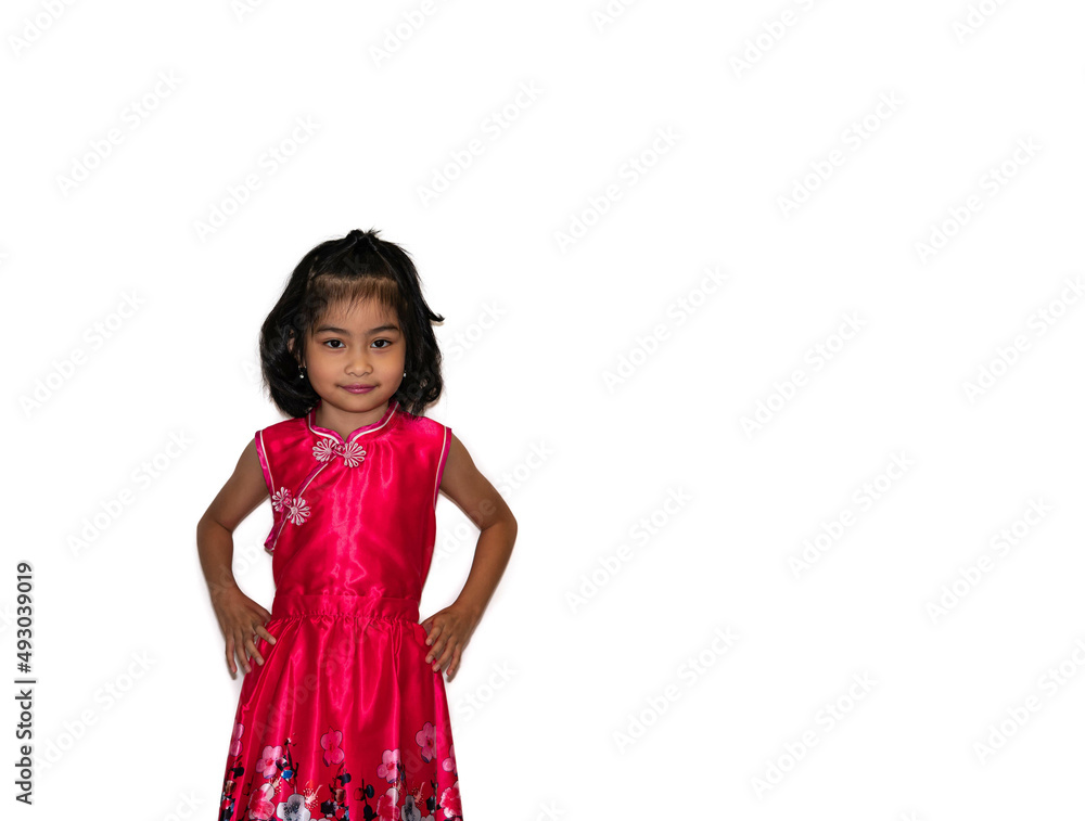 Portrait of young fun happy little cute asian girl in isolated on white background with copy space. Education for toddler or preschool, childhood healthy lifestyle, back to school concept