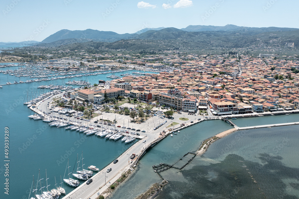 Fototapeta premium Lefkas (Lefkada) town with yacht marina, aerial view. 