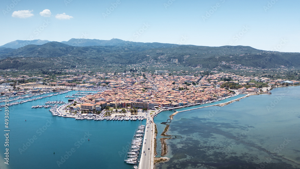 Lefkas (Lefkada) town with yacht marina, aerial view. 