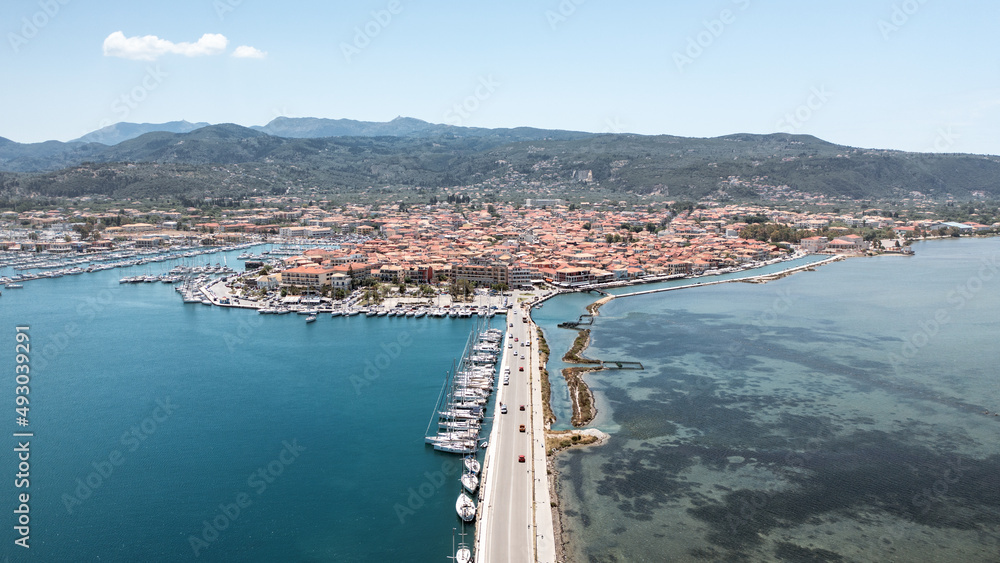 Lefkas (Lefkada) town with yacht marina, aerial view. 