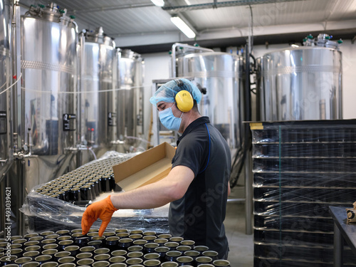 Worker picking up cans from a craft beer canning production line in a brewery